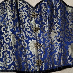 Corset story blue with gold brocade pattern overbust with hook closure uk 18